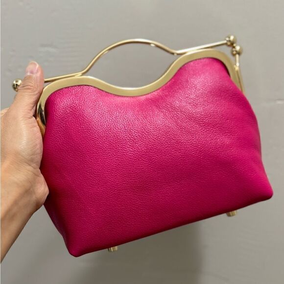 Hot Pink Pebble Leather Handmade Double Kisslock, Metal Frame Handbag Set - Picture 6 of 17